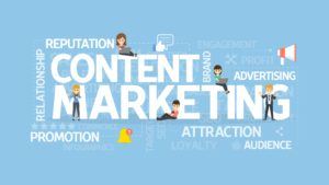 content marketing vector with different types of marketing ideas and marketers