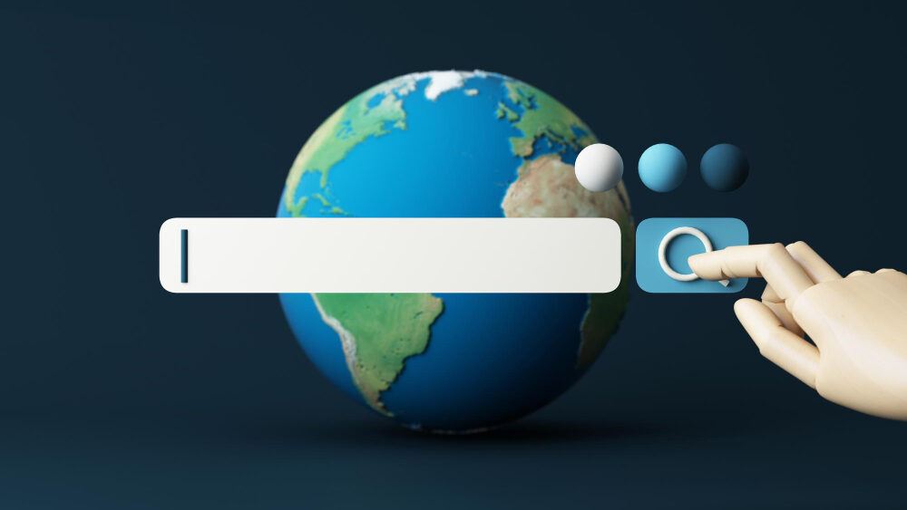 A globe and a search bar symbolizing global reach or International SEO